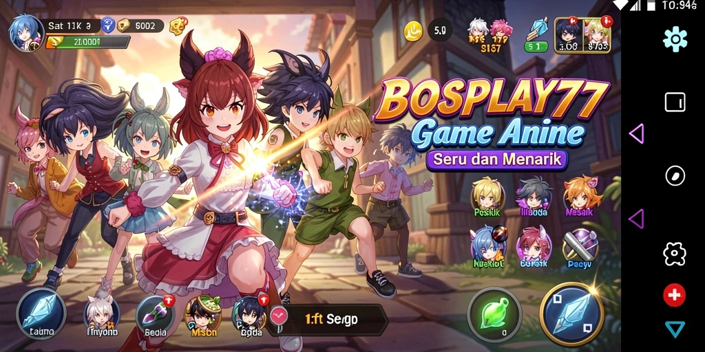 Tangkapan layar gameplay BOSPLAY77 menampilkan karakter anime dan pertempuran seru.