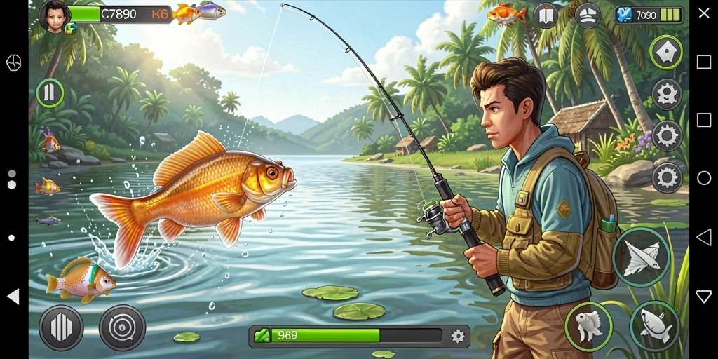 Tampilan gameplay C7890 yang menarik saat menangkap ikan.