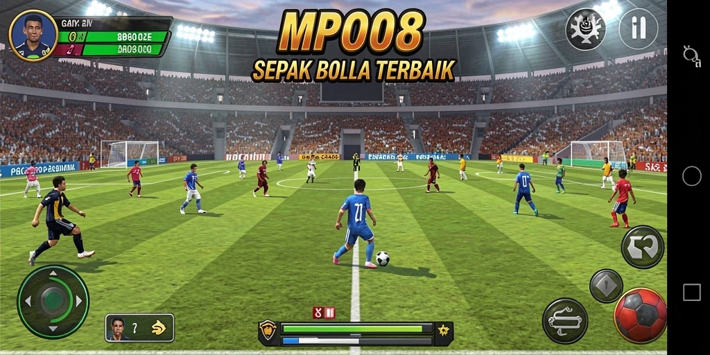 Screenshot MPO08 menampilkan aksi seru di lapangan sepak bola.