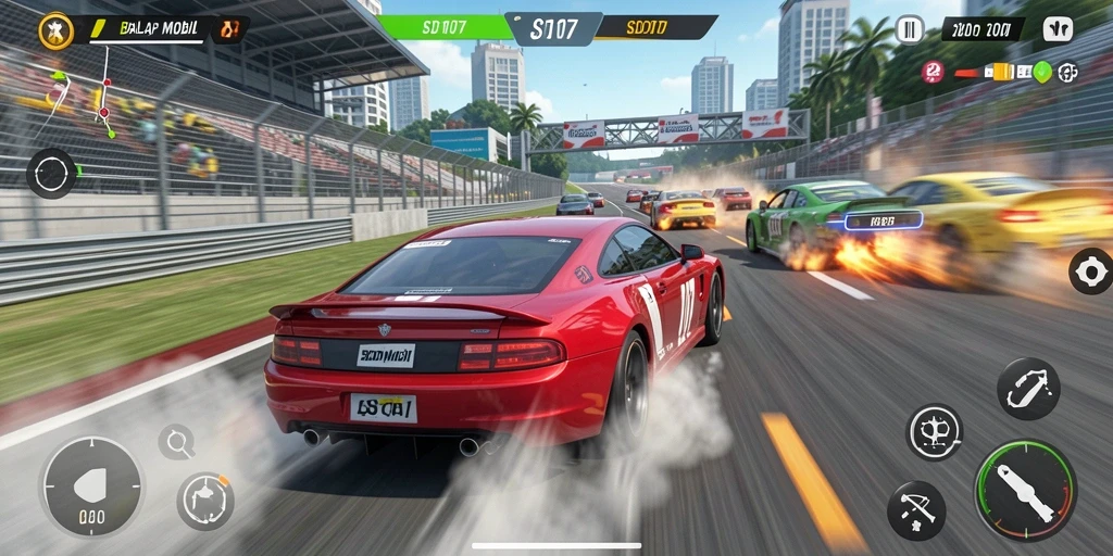 Gameplay SD107 menunjukkan aksi balap mobil yang mendebarkan.