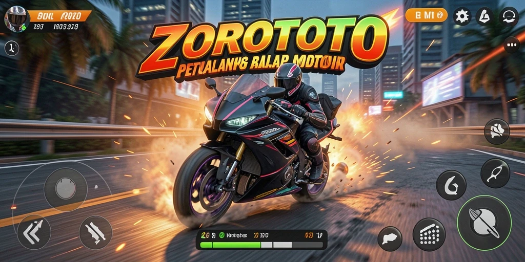 Screenshot gameplay ZOROTOTO yang penuh aksi balapan motor.